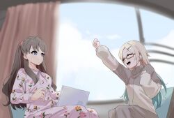 Rule 34 | 2girls, ^ ^, blonde hair, blue hair, blurry, blurry background, breasts, brown hair, brown pants, brown shirt, clenched hands, closed eyes, closed mouth, commentary request, computer, floral print, fujishima megumi, gradient hair, hair down, hair ornament, hairclip, highres, laptop, large breasts, light blue hair, link! like! love live!, long hair, long sleeves, looking at another, love live!, mira-cra park!, multicolored hair, multiple girls, official alternate costume, official alternate hairstyle, oihlf, open mouth, osawa rurino, pajamas, pants, parted bangs, pink pajamas, print pajamas, purple eyes, raised fist, shirt, sidelocks, sitting, smile, teeth, two side up, upper teeth only, virtual youtuber
