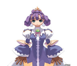 Rule 34 | 1girl, aqua eyes, crown, dress, earrings, eclair (la pucelle), female focus, gloves, jewelry, la pucelle, official art, purple hair, ryoji (nomura ryouji), solo, white background