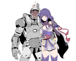 Rule 34 | 1boy, 1girl, absurdres, archives.gokulism, armor, breasts, brown eyes, bunny ears prank, cleavage, clenched hand, commentary, crossover, dark-skinned male, dark skin, english commentary, genshin impact, hand on another&#039;s waist, highres, james rhodes, japanese clothes, kimono, long hair, looking at viewer, marvel, marvel cinematic universe, medium breasts, obi, off shoulder, parted lips, power armor, purple eyes, purple hair, purple kimono, purple thighhighs, raiden shogun, sash, smile, thighhighs, v, vision (genshin impact), war machine