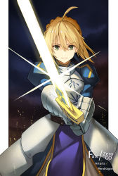 Rule 34 | 1girl, ahoge, armor, armored dress, artoria pendragon (fate), blonde hair, blue dress, blue ribbon, character name, copyright name, dress, excalibur (fate/stay night), fate/zero, fate (series), floating hair, gauntlets, green eyes, hair between eyes, hair ribbon, highres, holding, holding sword, holding weapon, looking at viewer, mizu (dl7613), ress, ribbon, saber (fate), short hair, smile, solo, sword, weapon