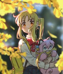Rule 34 | 2girls, animal, animal hug, blonde hair, blue eyes, blurry, blurry background, blurry foreground, bocchi the rock!, cube hair ornament, falling leaves, gotoh hitori, hair ornament, highres, hug, ijichi nijika, leaf, looking at viewer, multiple girls, myjet, otter, outdoors, pink fur, polka dot bowtie, side ponytail, sidelighting, smelling hair, sunlight, twitter username, yellow background, yellow bag, yellow eyes, yellow theme