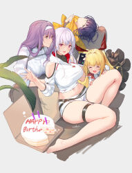 Rule 34 | 4girls, aeri (closers), artist name, barefoot, birthday cake, black hair, blonde hair, blue eyes, cake, cellphone, closed eyes, closers, clothing cutout, commentary, cropped hoodie, eunha (closers), food, hairband, happy birthday, highres, holding, holding phone, hood, hoodie, long hair, looking at viewer, lucy (closers), mirae (closers), multiple girls, navel, o-ring, o-ring thigh strap, open mouth, phone, purple hair, red eyes, short shorts, shorts, shoulder cutout, simple background, sitting, smartphone, swd3e2, symbol-only commentary, thigh strap, white background, white hair, white hairband, white hoodie, white shorts