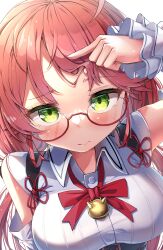 Rule 34 | 1girl, absurdres, bell, bespectacled, blush, breasts, close-up, closed mouth, collared shirt, commentary, detached sleeves, frilled sleeves, frills, glasses, gradient eyes, green eyes, hand on own head, highres, hololive, jingle bell, large breasts, long hair, looking at viewer, maeru, multicolored eyes, neck ribbon, open collar, pink hair, red-framed eyewear, red ribbon, ribbon, sakura miko, sakura miko (casual), semi-rimless eyewear, shirt, solo, symbol-only commentary, under-rim eyewear, upper body, virtual youtuber, white background, white shirt