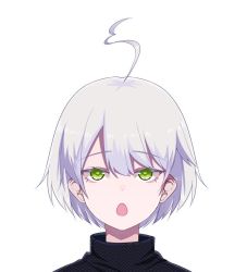 Rule 34 | 1girl, ahoge, black shirt, copyright request, green eyes, hair between eyes, indie virtual youtuber, khibiki, looking at viewer, open mouth, portrait, shirt, silver hair, simple background, solo, virtual youtuber, white background
