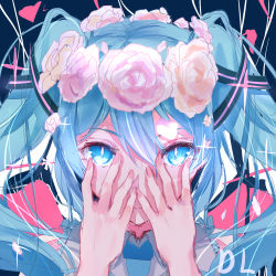 Rule 34 | 1girl, bare shoulders, black ribbon, blue eyes, blue hair, blue necktie, bright pupils, closed mouth, collared shirt, covering face, flower, flower wreath, grey shirt, hair ribbon, hands up, hatsune miku, head wreath, highres, long hair, looking at viewer, necktie, pink flower, pink rose, portrait, ribbon, rose, shirt, signature, sketch, sleeveless, sleeveless shirt, solo, suiboku tanren, twintails, upper body, vocaloid