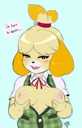 Rule 34 | 1girl, animal crossing, animal ears, blonde hair, blush stickers, breast lift, breasts, breasts out, buck teeth, dog ears, dog girl, english text, furry, furry female, highres, inverted nipples, isabelle (animal crossing), naughty face, nintendo, nipples, plaid, plaid vest, randomboobguy, ribbon, smile, solo, super smash bros., teeth, topknot, vest