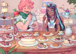 Rule 34 | 1boy, 1girl, :d, ^ ^, alcremie, alcremie (strawberry sweet), alcremie (vanilla cream), applin, aqua eyes, aqua hair, armband, artist name, bare shoulders, black hair, blurry, blurry background, cake, cake slice, cherry, closed eyes, commentary request, creatures (company), cup, dark-skinned female, dark skin, earclip, earrings, eating, eclair (food), food, fork, fruit, game freak, gen 8 pokemon, gigantamax, gigantamax alcremie, gym leader, holding, holding fork, hoop earrings, jewelry, long hair, milcery, milo (pokemon), multicolored hair, nessa (pokemon), nintendo, no gloves, open mouth, pastry, pie, pie slice, pink hair, plate, pokemon, pokemon (creature), pokemon swsh, polteageist, sakai (motomei), short sleeves, smile, strawberry, sweets, table, tank top, tea party, teacup, teapot, tiered tray, two-tone hair