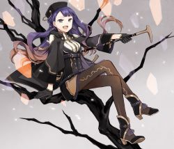 Rule 34 | 1girl, ankle boots, bare tree, black eyes, boots, brown hair, buzz (moi), cane, crossed legs, gloves, gradient background, gradient hair, hat, high heel boots, high heels, long hair, multicolored hair, open mouth, pantyhose, pixiv fantasia, pixiv fantasia t, purple hair, solo, tree