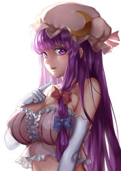 Rule 34 | 1girl, adapted costume, bare shoulders, blush, breasts, cleavage, covered erect nipples, crescent, elbow gloves, gloves, hair ribbon, hat, large breasts, long hair, midriff, open mouth, patchouli knowledge, purple eyes, purple hair, ribbon, simple background, solo, touhou, white background, white gloves, yunsang