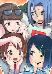 Rule 34 | 1boy, 3girls, beauty (pokemon), black hair, blue hair, brown hair, commission, creatures (company), embarrassed, game freak, gen 2 pokemon, glasses, gloria (pokemon), green eyes, happy, highres, james (pokemon), liko (pokemon), looking at another, looking down, mellow yellow (my kakukaku), multiple girls, nail polish, nintendo, open mouth, orange background, pokemon, pokemon (anime), pokemon (classic anime), pokemon horizons, pokemon xy, sweatdrop, wobbuffet
