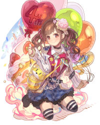 Rule 34 | 1girl, balloon, black choker, black footwear, blue skirt, boots, brown cardigan, brown hair, cake, cake slice, candle, cardigan, character request, choker, collared shirt, commentary request, commission, confetti, dress shirt, fire, flower, food, fruit, full body, hair flower, hair ornament, haku (sabosoda), heart balloon, highres, holding, holding balloon, idolmaster, idolmaster shiny colors, jacket, knee boots, kneeling, long hair, long sleeves, multicolored hair, nail polish, open cardigan, open clothes, open jacket, pink flower, pink hair, pink nails, plaid, plaid skirt, pleated skirt, red eyes, shirt, skeb commission, skirt, sleeves past wrists, solo, strawberry, streaked hair, striped clothes, striped thighhighs, thighhighs, thighhighs under boots, twintails, white background, white flower, white jacket, white shirt