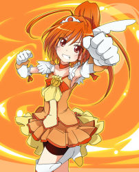 Rule 34 | 10s, 1girl, bike shorts, bike shorts under skirt, boots, brown eyes, brown shorts, cure sunny, fiery background, fire, gloves, hino akane (smile precure!), ixy, orange background, orange hair, orange skirt, orange theme, precure, shorts, shorts under skirt, skirt, smile precure!, solo, thigh boots, thighhighs