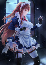 Rule 34 | 1girl, absurdres, apron, black footwear, black thighhighs, boots, breasts, brown eyes, brown hair, cross-laced footwear, dress, fingerless gloves, from side, garter straps, glasses, gloves, hair ribbon, highres, holster, knife, lace-up boots, long hair, maid, maid apron, maid headdress, original, parted lips, profile, ribbon, solo, standing, thigh boots, thigh holster, thigh strap, thighhighs, toriatto gununu, two side up, white thighhighs, zettai ryouiki