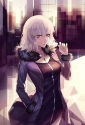 Rule 34 | 1girl, ahoge, black dress, coat, commentary request, dark persona, dress, evil smile, fate/grand order, fate (series), food, fur-trimmed coat, fur trim, hand in pocket, highres, holding, holding food, ice cream, jeanne d&#039;arc (fate), jeanne d&#039;arc alter (fate), jeanne d&#039;arc alter (ver. shinjuku 1999) (fate), jewelry, lips, looking at viewer, necklace, official alternate costume, red-d, short dress, short hair, smile, solo, white hair, yellow eyes