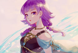 Rule 34 | 1girl, bare shoulders, breasts, cape, dress, fire emblem, fire emblem: the sacred stones, fire emblem heroes, highres, jewelry, looking at viewer, looking to the side, lute (fire emblem), necklace, nintendo, purple eyes, purple hair, rheamii, short hair, small breasts, solo, twintails, upper body