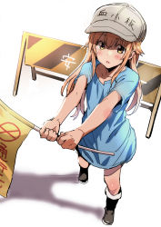 Rule 34 | 10s, 1girl, akechi shizuku, animal ears, black footwear, blue shirt, blush, boots, brown eyes, brown hair, character name, clothes writing, collarbone, commentary request, flag, flat cap, grey hat, hair between eyes, hat, hataraku saibou, highres, holding, holding flag, long hair, looking at viewer, parted lips, platelet (hataraku saibou), shaded face, shadow, shirt, short sleeves, solo, standing, very long hair, white background