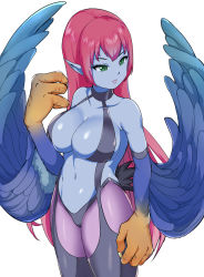 Rule 34 | 1girl, bare shoulders, blue feathers, blue skin, blue wings, breasts, chamame, claws, cleavage, colored skin, commentary request, duel monster, feathered wings, feathers, garter straps, green eyes, harpie lady, harpie lady (normal monster), harpy, highres, large breasts, long hair, looking away, midriff, monster girl, navel, pink hair, pointy ears, solo, very long hair, winged arms, wings, yu-gi-oh!