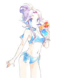 Rule 34 | 1girl, blue eyes, breasts, drink, drinking, drinking straw, drinking straw in mouth, esper (saga), facial mark, jewelry, looking at viewer, medium breasts, navel, no s, pointy ears, purple hair, saga, saga 1, short hair, simple background, small breasts, solo, swimsuit, white background