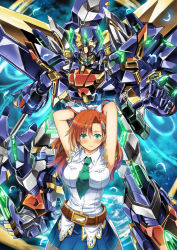 Rule 34 | armpits, arms behind head, bad id, bad pixiv id, breasts, cliana rimskaya, forte gigas, garimpeiro, glowing, glowing eyes, green eyes, green neckwear, highres, holding, holding lance, holding polearm, holding weapon, lance, large breasts, looking at viewer, mecha, medium hair, necktie, open hand, orange hair, planet, polearm, robot, science fiction, short necktie, space, super robot wars, super robot wars destiny, weapon, yellow eyes