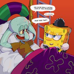 Rule 34 | 2boys, alternate costume, arms behind head, bed, blue eyes, blue skin, bright pupils, brown shirt, colored sclera, colored skin, diforland, english text, indoors, looking at another, maid, maid headdress, multiple boys, open mouth, pillow, red eyes, shirt, short sleeves, speech bubble, spongebob squarepants, spongebob squarepants (series), squidward tentacles, teeth, under covers, upper teeth only, white pupils, yaoi, yellow sclera