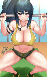 Rule 34 | 1girl, absurdres, arm strap, bare legs, bare shoulders, biceps, black hair, blue eyes, blush, breasts, cleavage, closed mouth, collarbone, exercising, frown, green footwear, highres, large breasts, leona heidern, long hair, looking at viewer, midriff, navel, nez-box, ponytail, short shorts, shorts, signature, solo, squatting, the king of fighters, thighs, weightlifting, weights