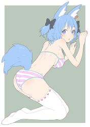 Rule 34 | 1girl, absurdres, animal ear fluff, animal ears, animare, armpits, ass, bad id, bad twitter id, bare shoulders, bikini, black bow, blue eyes, blue hair, blush, bow, breasts, cat ears, cat tail, dog ears, dog tail, donguri suzume, full body, green background, hair bow, heart, highres, kneeling, large breasts, looking at viewer, looking back, nail polish, nanashi inc., open mouth, parted lips, pink nails, short hair, sideboob, simple background, sketch, solo, souya ichika, striped bikini, striped clothes, swimsuit, tail, thighhighs, virtual youtuber, white thighhighs