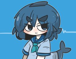 Rule 34 | 1girl, blue background, blue eyes, blue hair, blue neckerchief, blue sailor collar, blush stickers, closed mouth, commentary, dress, fins, fish tail, fuka-chan, hair between eyes, highres, neckerchief, original, sailor collar, sailor dress, shark tail, short eyebrows, short sleeves, simple background, solo, symbol-only commentary, tail, thick eyebrows, uni souchou, upper body, wavy mouth