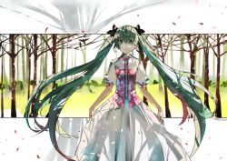 Rule 34 | 1girl, absurdres, dress, green eyes, green hair, hatsune miku, highres, long hair, matching hair/eyes, petals, saberiii, skirt hold, smile, solo, tree, twintails, very long hair, vocaloid