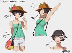 Rule 34 | 1girl, aged up, armpits, arrow (symbol), bag, black hair, character name, closed eyes, closed mouth, collarbone, commentary, creatures (company), english text, eyelashes, flower, game freak, grey eyes, hair flower, hair ornament, hat, hazel0217, highres, looking at viewer, multiple views, nintendo, open mouth, pokemon, pokemon usum, selene (pokemon), short hair, shorts, shoulder bag, signature, sketch, smile, stretching, teeth, tongue, white shorts