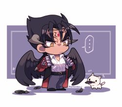 Rule 34 | ..., 1boy, animal, belt, black belt, black coat, black feathers, black footwear, black hair, cat, chibi, coat, collared shirt, devil jin, dressing, feather in mouth, feathered wings, feathers, forehead jewel, full body, gloves, grey horns, grey pants, horns, kazama jin, kotorai, looking down, male focus, no nose, pants, red gloves, shirt, shoes, solo, spoken ellipsis, studded gloves, tekken, thick eyebrows, v-shaped eyebrows, white cat, white shirt, wings, yellow eyes