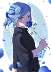 Rule 34 | 1boy, alternate costume, aqua eyes, black shirt, blue flower, blue hair, blurry, collared shirt, colored eyelashes, commentary request, covering own mouth, creatures (company), eyelashes, falling petals, flower, from side, game freak, grusha (pokemon), highres, holding, holding flower, looking at viewer, looking to the side, male focus, mocacoffee 1001, nintendo, petals, pokemon, pokemon sv, shirt, signature, sleeves past elbows, solo, upper body