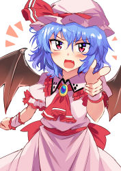 Rule 34 | 1girl, absurdres, ascot, bat wings, blue hair, blush, brooch, clenched hand, commentary request, cowboy shot, dress, e.o., eyebrows, fang, frilled ascot, frilled shirt collar, frills, hair between eyes, hat, hat ribbon, highres, jewelry, mob cap, open mouth, pink dress, pink eyes, pink hat, pointing, pointing at viewer, puffy short sleeves, puffy sleeves, red ascot, red ribbon, red sash, remilia scarlet, ribbon, sash, short sleeves, simple background, solo, touhou, v-shaped eyebrows, white background, wings, wrist cuffs