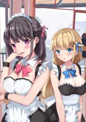 Rule 34 | 2girls, apron, bare shoulders, black dress, black hair, blonde hair, blue bow, blue eyes, blush, bow, braid, breasts, cleavage, clip studio paint (medium), collar, commentary request, detached collar, dress, frilled apron, frills, hair flaps, hair ornament, hairclip, hand up, highres, indoors, long hair, medium breasts, multiple girls, open mouth, original, parted lips, purple eyes, red bow, star-shaped pupils, star (symbol), symbol-shaped pupils, takapii, very long hair, waist apron, white apron, white collar, wing collar, wrist cuffs, x hair ornament