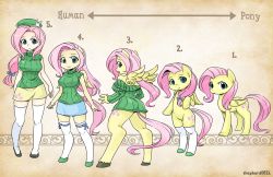 Rule 34 | 1girl, arrow (symbol), artist name, bare shoulders, beret, bottomless, breasts, colored skin, cutie mark, english text, fluttershy, furry, furry female, green eyes, hat, highres, hooves, horse girl, large breasts, long hair, low-tied long hair, multiple views, my little pony, my little pony: equestria girls, my little pony: friendship is magic, off-shoulder, off-shoulder sweater, off shoulder, pegasus, personification, pink hair, pony (animal), progression, ribbed sweater, shepherd0821, skirt, sleeveless, sleeveless turtleneck, smile, sweater, tail, thighhighs, turtleneck, white thighhighs, wings, yellow skin, zettai ryouiki