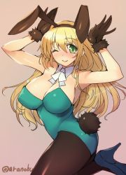 Rule 34 | 10s, 1girl, ;d, alternate costume, animal ears, aqua eyes, armpits, ass, atago (kancolle), bare shoulders, beige background, black gloves, black pantyhose, blonde hair, blush, breasts, bunny ears gesture, closed mouth, detached collar, fake animal ears, fake tail, female focus, from side, fur trim, gloves, gradient background, green eyes, grey background, hair between eyes, hairband, hands up, high heels, jpeg artifacts, kantai collection, large breasts, leg lift, leg up, leotard, light smile, lipstick, long hair, looking at viewer, looking back, makeup, nose blush, off shoulder, one eye closed, open mouth, pantyhose, playboy bunny, rabbit ears, rabbit pose, rabbit tail, shoes, sideboob, smile, solo, standing, standing on one leg, strapless, strapless leotard, tail, takeda aranobu, thighs, twisted torso, twitter username, wrist cuffs