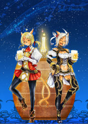 Rule 34 | 00s, 2girls, alcohol, alternate costume, animal ears, ascot, beer, beer mug, blonde hair, candle, cat ears, cat girl, collar, cup, doraeshi, closed eyes, final fantasy, final fantasy xi, flower, hair flower, hair ornament, happy birthday, highres, midriff, mithra (ff11), mug, multiple girls, short hair, short twintails, smile, star (sky), tail, twintails, white hair