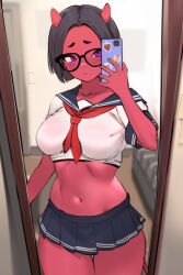 Rule 34 | 1girl, absurdres, black-framed eyewear, black hair, black sailor collar, black skirt, breasts, cellphone, colored skin, commentary, copyright request, cowboy shot, crop top, cropped shirt, demon girl, demon tail, english commentary, female pov, full-length mirror, glasses, highres, holding, holding phone, horns, large breasts, looking at mirror, looking at viewer, miniskirt, mirror, mole, mole under mouth, navel, neckerchief, oni, parted bangs, phone, pleated skirt, pov, purple eyes, red neckerchief, red oni, red skin, reflection, sailor collar, school uniform, selfie, serafuku, shirt, short eyebrows, short hair, short sleeves, skin-covered horns, skirt, smartphone, smewed, solo, stomach, tail, white shirt