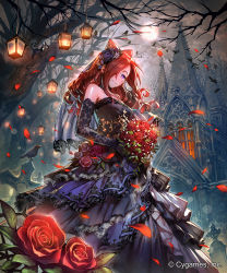 Rule 34 | 10s, 1girl, bare shoulders, bare tree, bird, black dress, black flower, black rose, blush, bouquet, bride, brown hair, cat, ceres (shingeki no bahamut), church, cloud, colored sclera, company name, dress, drill hair, flower, full moon, gloves, grave, hair over one eye, head tilt, highres, holding, holding bouquet, in tree, lace, lace gloves, long hair, looking at viewer, lying, moon, official art, okada manabi, on stomach, outdoors, petals, purple eyes, purple skirt, red eyes, red flower, red rose, rose, shingeki no bahamut, shirt, skirt, sleeveless, sleeveless shirt, standing, tree, veil, watermark, wedding dress, yellow sclera, | |
