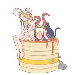 Rule 34 | 1girl, abigail williams (fate), abigail williams (swimsuit foreigner) (fate), abigail williams (swimsuit foreigner) (third ascension) (fate), adventure time, barefoot, bikini, black cat, blueberry, bonnet, bow, cat, expo2025, fate/grand order, fate (series), food, forehead, fruit, green eyes, grey cat, highres, jake the dog, myaku-myaku, oversized object, pancake, pancake stack, parted bangs, parted lips, sitting, strawberry, swimsuit, tentacles, uewtsol, white bikini, white bow, white headwear