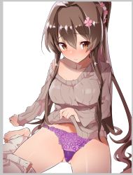 Rule 34 | 1girl, bad id, bad twitter id, barefoot, brown hair, brown sweater, caburi, cherry blossoms, highres, kantai collection, long hair, looking at viewer, off shoulder, panties, pants, pants around one leg, ponytail, purple panties, ribbed sweater, simple background, sitting, solo, sweater, underwear, undressing, wariza, white background, white pants, yamato (kancolle)