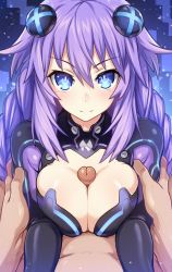 Rule 34 | breast press, breasts squeezed together, breasts, cleavage, closed mouth, clothed paizuri, highres, large breasts, long hair, looking at viewer, neptune (series), paizuri, penis, pov, purple hair, purple heart (neptunia), smile, tagme