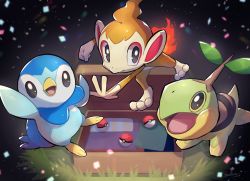Rule 34 | absurdres, arm up, briefcase, chimchar, commentary request, confetti, creature, creatures (company), fire, fire, game freak, gen 4 pokemon, grass, grey eyes, highres, looking at viewer, nintendo, nullma, open mouth, piplup, poke ball, poke ball (basic), pokemon, pokemon (creature), smile, starter pokemon trio, tongue, turtwig