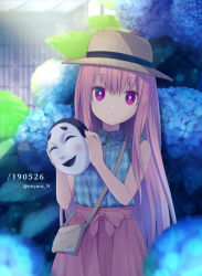 Rule 34 | 1girl, adapted costume, bag, bare arms, bare shoulders, blue flower, blue shirt, bow, brown hat, collared shirt, commentary request, cowboy shot, dated, flower, hair between eyes, handbag, hat, hata no kokoro, head tilt, holding, holding mask, hydrangea, leaf, long hair, looking at viewer, mask, nnyara, pink bow, pink hair, pink skirt, plaid, plaid shirt, purple eyes, shirt, sidelocks, skirt, sleeveless, sleeveless shirt, solo, standing, touhou, very long hair