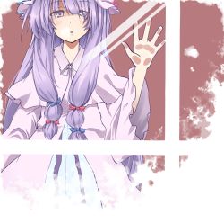 Rule 34 | 1girl, amagase lyle, bow, female focus, hair bow, hand on window, hat, indoors, long hair, patchouli knowledge, purple eyes, purple hair, solo, touhou, window