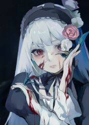 Rule 34 | 1girl, absurdres, black dress, black hairband, black ribbon, blood, blood on face, blood on hands, closed mouth, commentary request, dress, expressionless, flower, frilled hairband, frills, gothic lolita, hairband, highres, lolita fashion, lolita hairband, long hair, long sleeves, looking at viewer, neck ribbon, pink flower, pink rose, pussy juice, red eyes, ribbon, rose, rozen maiden, solo, suigintou, todore0, upper body, white flower, white hair