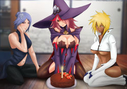 Rule 34 | 3girls, abs, amenoosa, arrancar, bare shoulders, birthday cake, black gloves, black sclera, blazblue, blazblue: central fiction, bleach, blonde hair, blue hair, breasts, cake, candle, cape, cleavage, colored eyelashes, colored sclera, commission, crossover, dark-skinned female, dark skin, facial mark, female focus, fire, fire, flower, food, gloves, green eyes, hair flower, hair ornament, hair over one eye, hat, highres, konan (naruto), konoe a. mercury, large breasts, lip piercing, long hair, looking at viewer, multiple girls, naruto, naruto (series), naruto shippuuden, navel, number tattoo, orange eyes, piercing, pink hair, revealing clothes, short hair, sitting, skindentation, smile, tagme, tattoo, thighhighs, tier harribel, underboob, witch hat