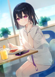 Rule 34 | 1girl, :t, ancotaku, bandaid, bandaid on knee, bandaid on leg, black hair, blue sky, blurry, blurry background, cellphone, chair, closed mouth, cloud, collarbone, commentary request, day, depth of field, drinking straw, eating, food, fruit, hair between eyes, hand up, highres, holding, holding spoon, horizon, indoors, lemon, lemon slice, nail polish, ocean, on chair, original, pasta, phone, pink nails, plant, potted plant, purple eyes, shirt, short sleeves, sitting, sky, solo, spaghetti, spoon, table, water, white shirt, wide sleeves