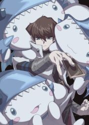 Rule 34 | 1boy, absurdres, black background, black shirt, blue-eyes white dragon, blue-eyes white dragon (cosplay), blue eyes, blush stickers, brown hair, cinnamoroll, clenched hand, coat, cosplay, highres, jewelry, kaiba seto, looking down, male focus, medium hair, necklace, sanrio, shirt, simple background, skmkst, upper body, white coat, yu-gi-oh!, yu-gi-oh! duel monsters