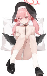 Rule 34 | 1girl, absurdres, biting own lip, black choker, black footwear, black hat, black wings, blue archive, blush, choker, clenched teeth, collarbone, covering breasts, covering privates, flat chest, flower, full body, hair flower, hair ornament, halo, hat, head wings, highres, kneehighs, koharu (blue archive), loafers, long hair, looking at viewer, low twintails, panties, parted lips, pillow, pink hair, red flower, red rose, ringed eyes, rose, shoes, sitting, socks, solo, teeth, topless, twintails, underwear, underwear only, white panties, white socks, wings, younideyifengxin