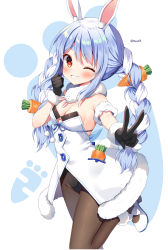 Rule 34 | 1girl, animal ear fluff, animal ears, bare shoulders, black gloves, black leotard, blue hair, blush, bow, braid, brown pantyhose, carrot hair ornament, clenched hand, commentary request, don-chan (usada pekora), dress, food-themed hair ornament, fur-trimmed dress, fur-trimmed gloves, fur trim, gloves, grin, hair bow, hair ornament, highres, hololive, leotard, long hair, looking at viewer, mauve, multicolored hair, one eye closed, outstretched arm, pantyhose, rabbit ears, rabbit tail, red eyes, shoes, sidelocks, simple background, smile, standing, standing on one leg, strapless, strapless dress, strapless leotard, twin braids, twintails, two-tone hair, usada pekora, usada pekora (1st costume), v, very long hair, virtual youtuber, white background, white bow, white dress, white footwear, white hair